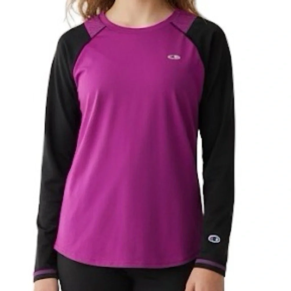 Champion Duo Dry Magenta Black Long Sleeve Athletic Workout Shirt tee L‎ 10-12